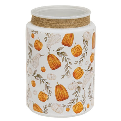 White milk can-style glass jar with pumpkin and vine pattern and jute twine, rustic farmhouse fall decor