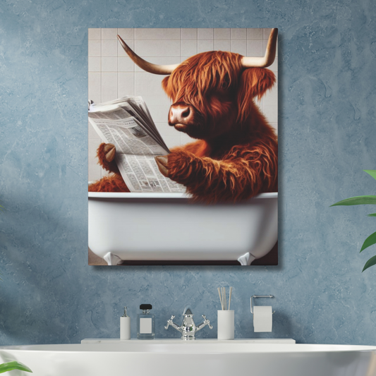 Canvas print of a Highland cow reading a newspaper in a bathtub on a blue wall.