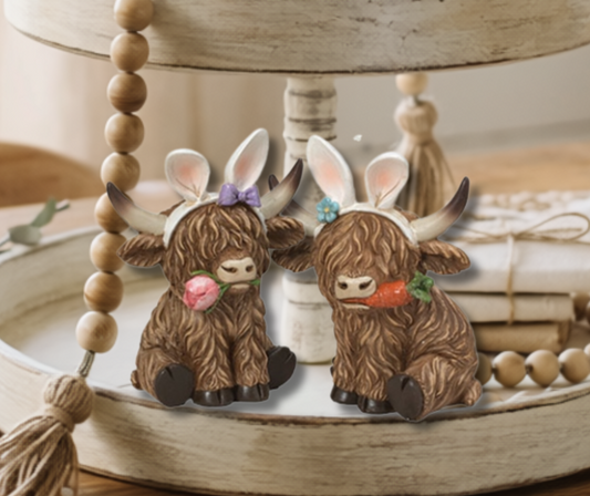 Set of 2 Assorted Adorable Resin Easter Highland Cows