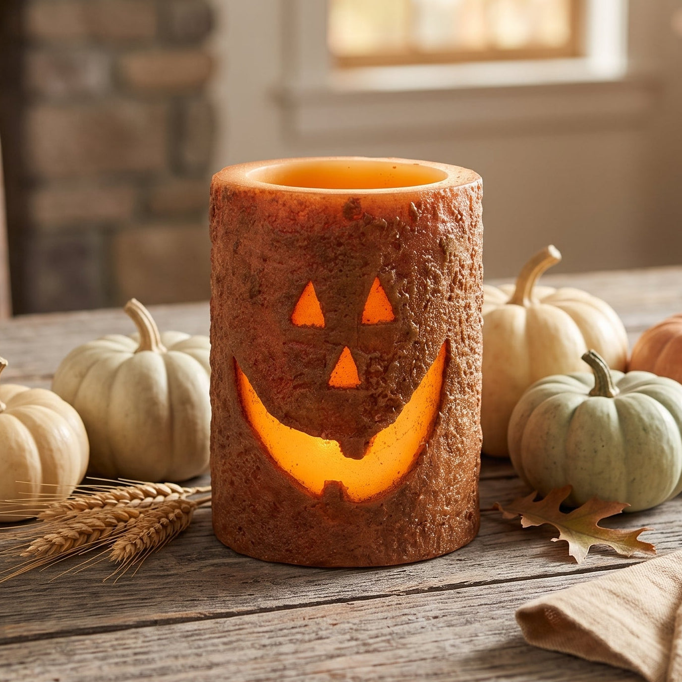 A rustic jack-o'-lantern candle holder made from a tree trunk section, glowing with warm orange light, styled on a wooden table with small pumpkins and autumn leaves in a cozy indoor setting.