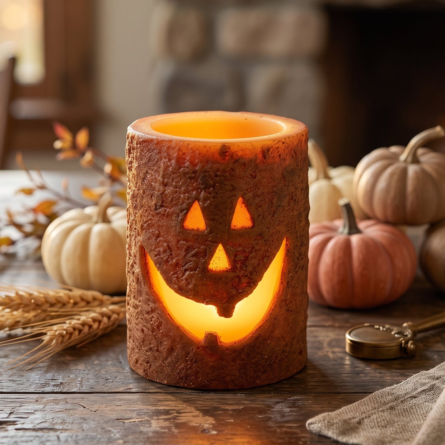 A textured, jack-o'-lantern-shaped candle holder glowing with warm orange light, styled on a rustic wooden table with small pumpkins, wheat stalks, and a cozy fireplace in the background.