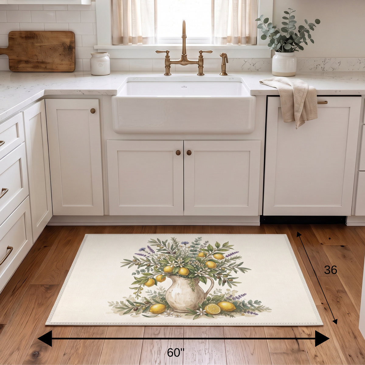 A rectangular cream-colored kitchen rug featuring a vintage-style illustration of a lemon vase arrangement, shown on a wooden floor in front of white cabinets and a farmhouse sink. Black dimension arrows and labels indicate the rug's size as 60 inches by 36 inches.