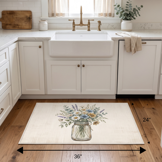 A rectangular cream-colored kitchen rug with a watercolor-style floral print in a glass jar, shown on a wood floor in front of white cabinets. Black arrows and text indicate dimensions of 36 inches by 24 inches.
