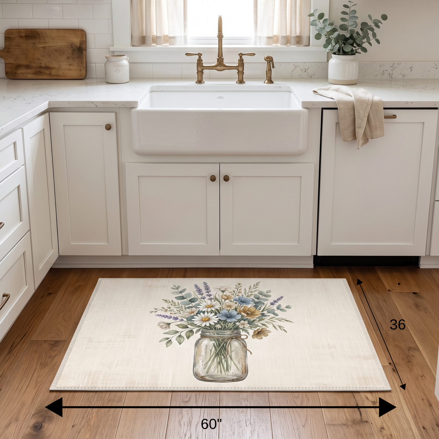 Cottage-style area rug with hand-drawn bouquet in a mason jar on a neutral background, soft floral chenille