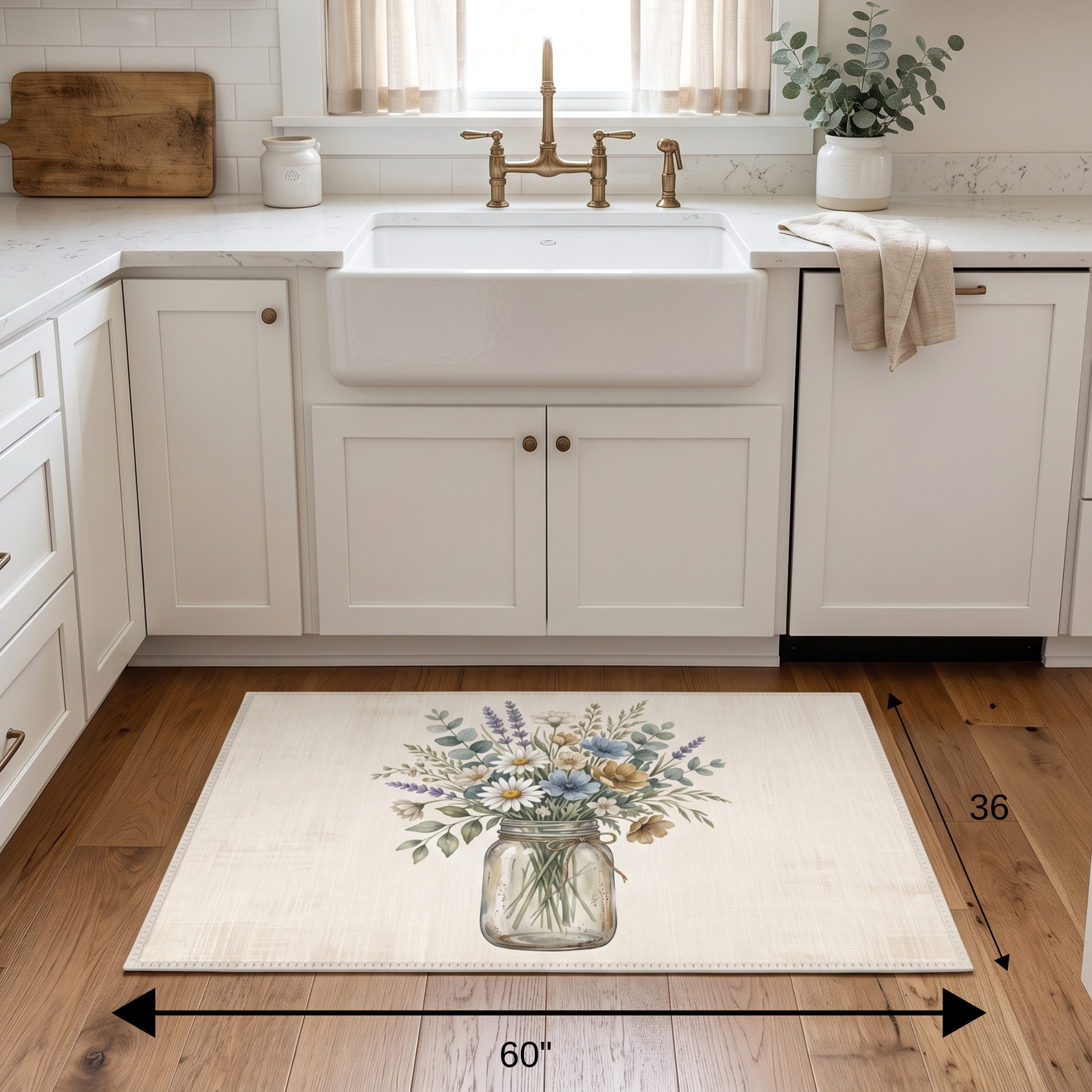 Cottage-style area rug with hand-drawn bouquet in a mason jar on a neutral background, soft floral chenille