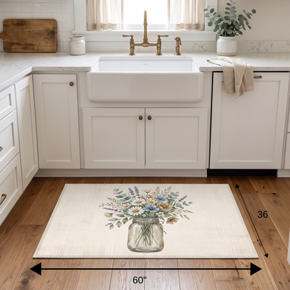 Cottage-style area rug with hand-drawn bouquet in a mason jar on a neutral background, soft floral chenille