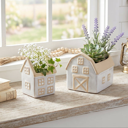 Neutral porcelain house and barn planters in soft beige and white, farmhouse decor for plants or shelf display