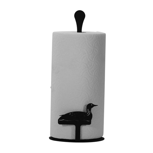 Loon Paper Towel Stand with rustic farmhouse design, sturdy construction, and versatile use in kitchen, bathroom, or patio.