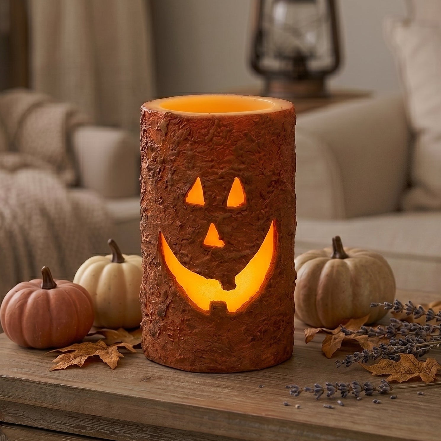 A textured faux log candle holder with a carved jack-o'-lantern face, glowing with warm orange light, displayed on a wooden table in a cozy living room setting with small pumpkins and fall leaves.
