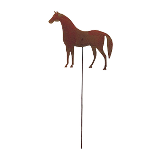 Rusted horse garden stake with a rustic design, placed in a garden setting, adding farmhouse charm to outdoor decor.