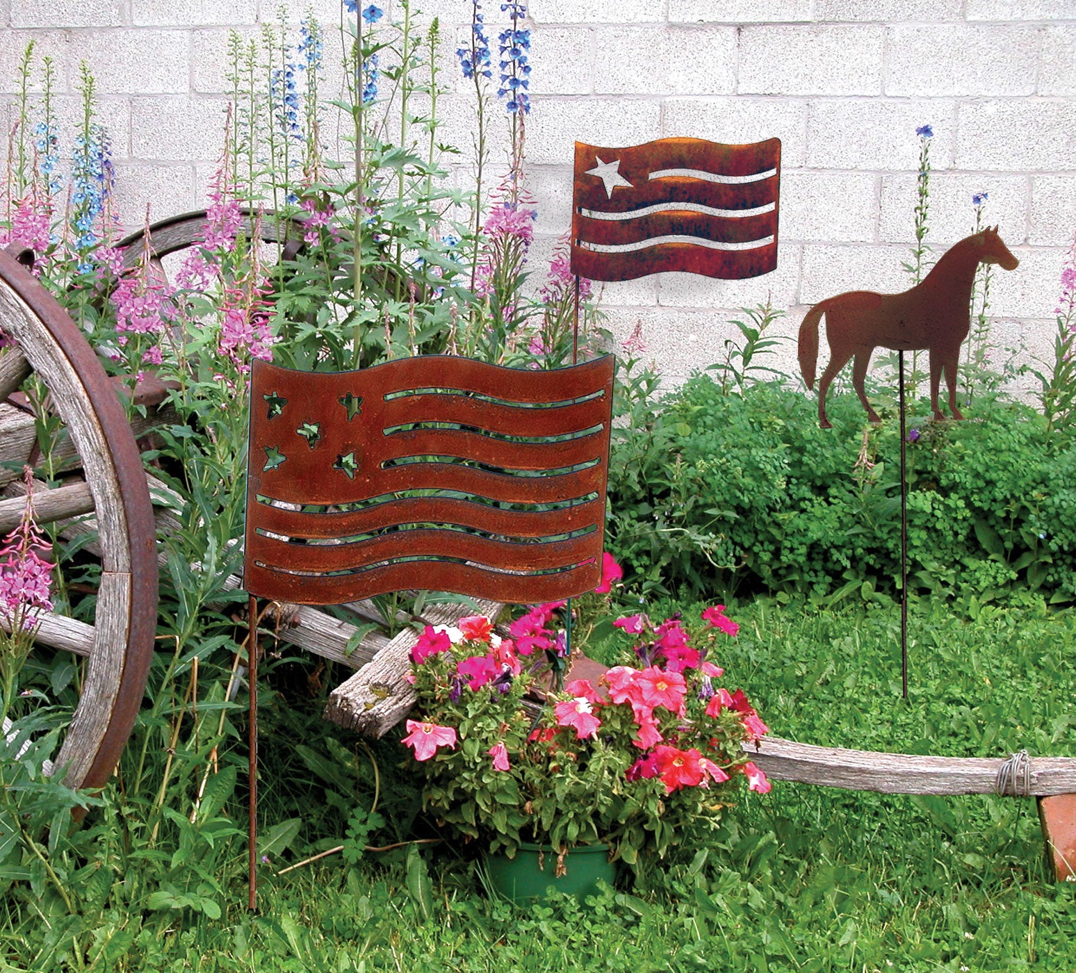 Rusted horse garden stake with a rustic design, placed in a garden setting, adding farmhouse charm to outdoor decor.