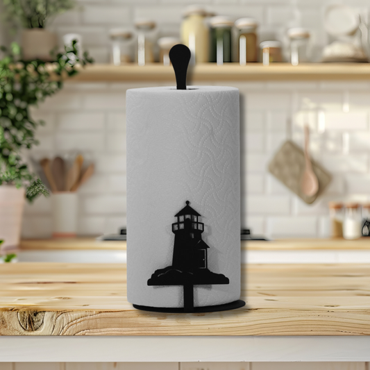 Paper towel holder with lighthouse design on a kitchen counter
