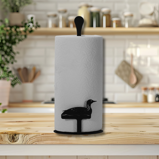 Loon Paper Towel Stand with rustic farmhouse design, sturdy construction, and versatile use in kitchen, bathroom, or patio.