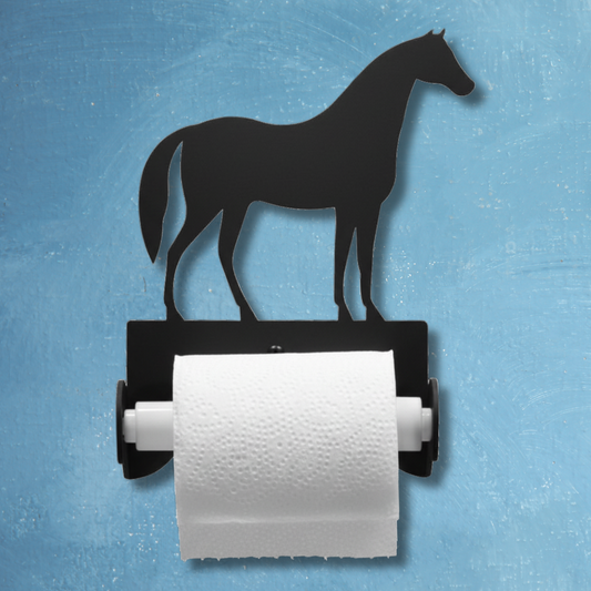 Paper towel holder with horse design on a blue background