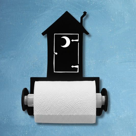 toilet paper holder with black house design on a blue background