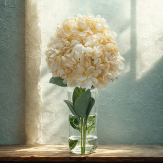 Hydrangea Bush Set with lifelike white and green blooms in a vase, showcasing vibrant colors and natural beauty in a room setting.