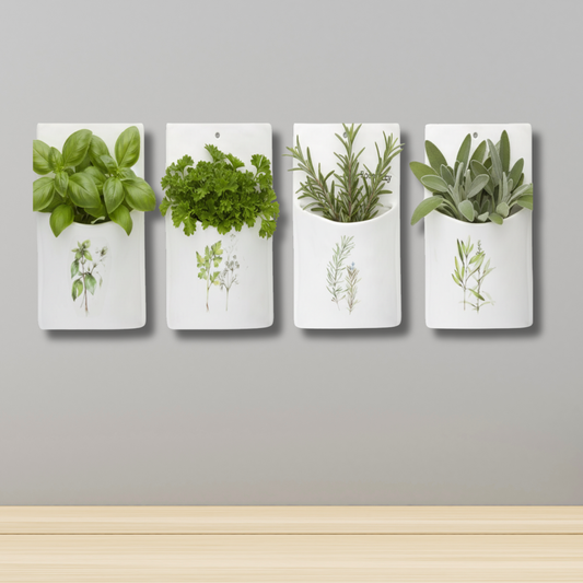 Four white wall planters with green herbs on a gray wall.