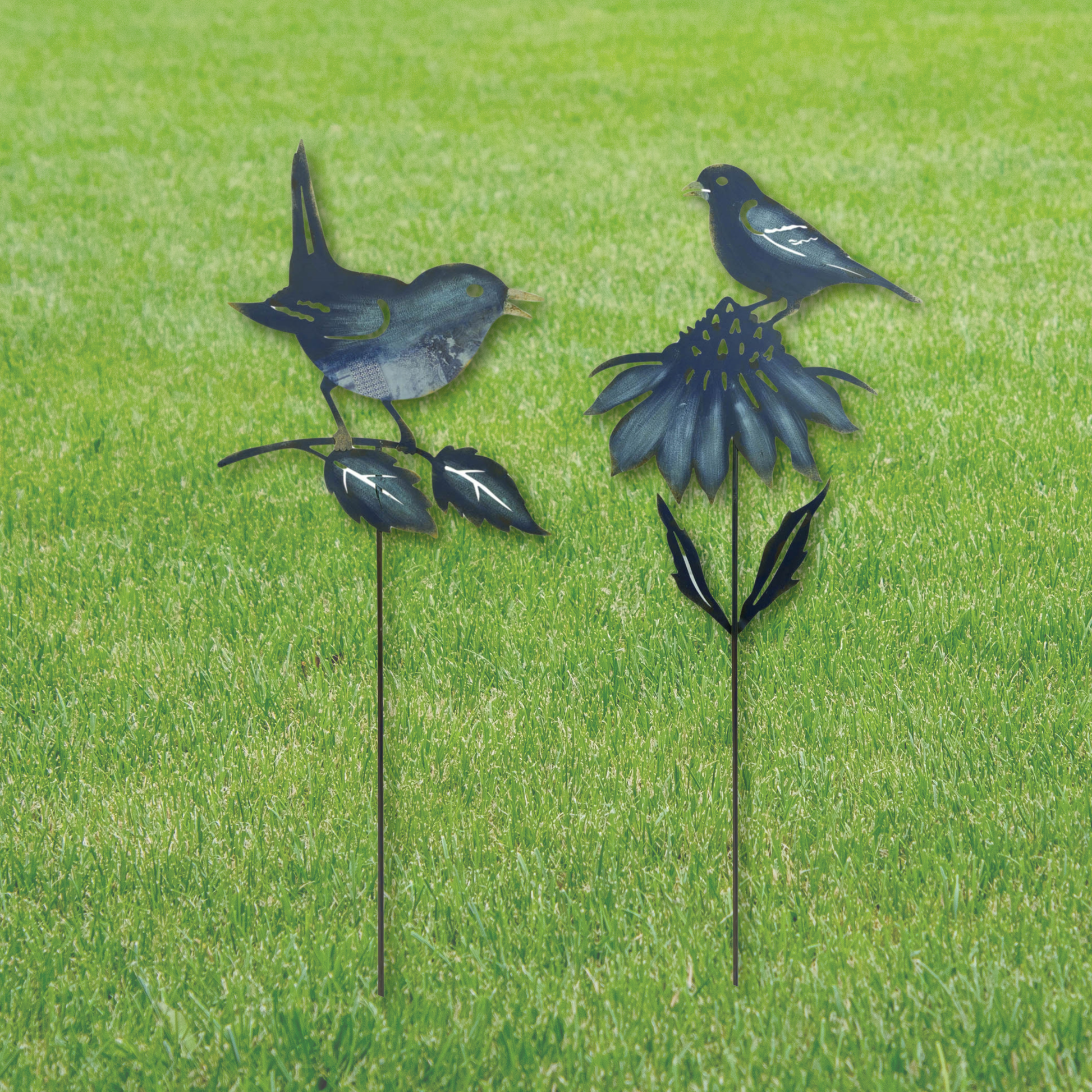 Garden stakes with bird and floral accents in blue and gold, adding a whimsical touch to outdoor spaces. Set of two designs.