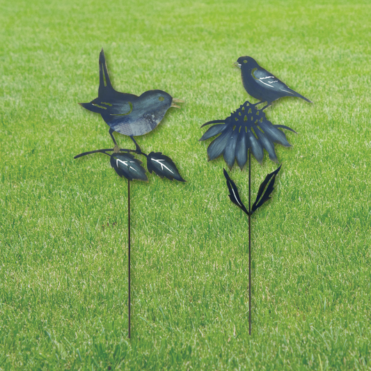 Garden stakes with bird and floral accents in blue and gold, adding a whimsical touch to outdoor spaces. Set of two designs.