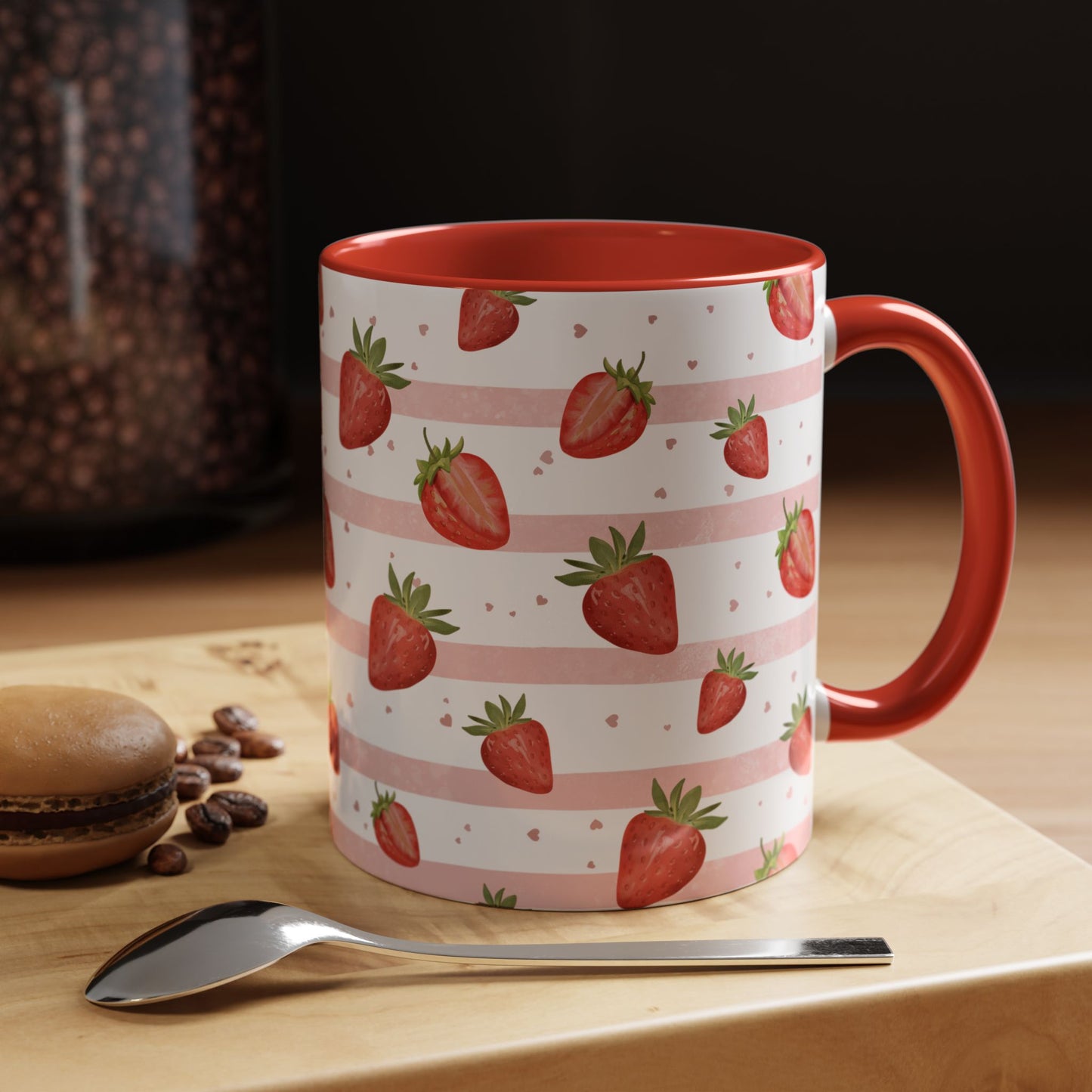 Sweet Strawberry Cottage Mug with strawberry pattern, soft pink stripes, tiny hearts, red handle, and matching interior.