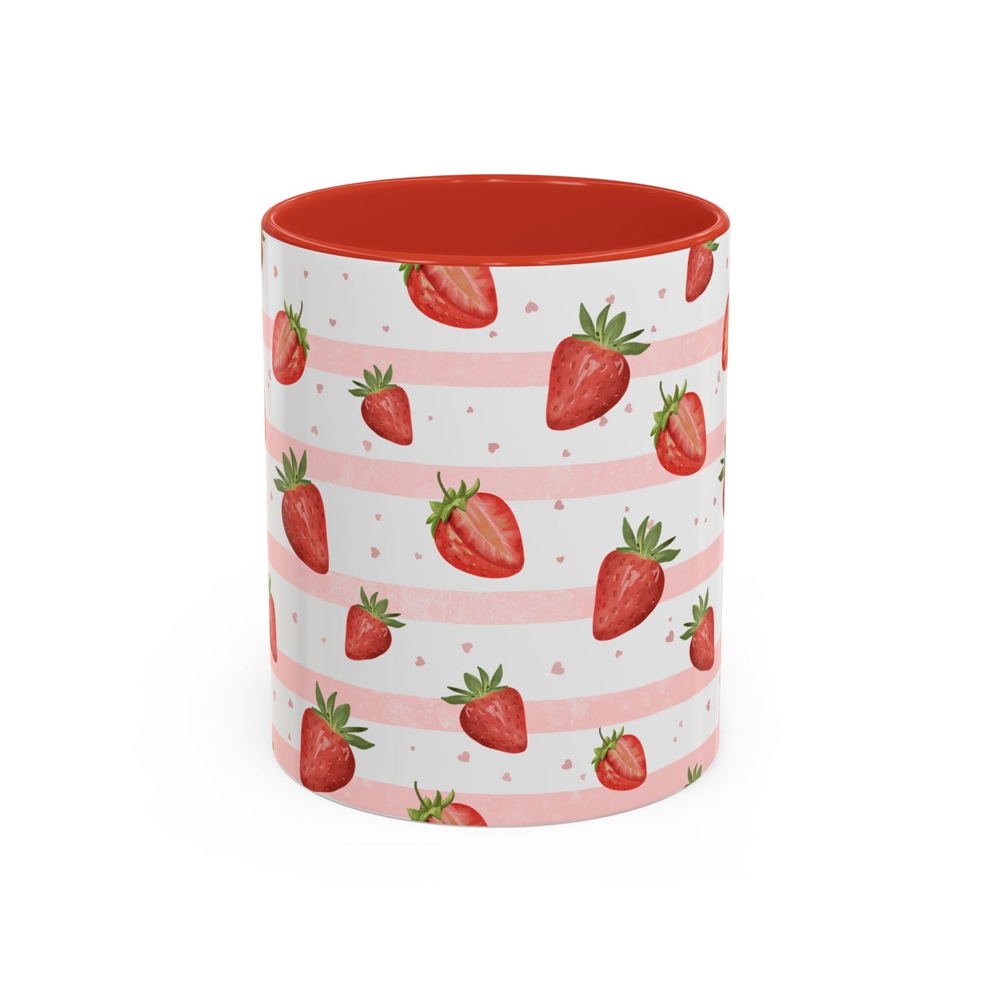 Sweet Strawberry Cottage Mug with strawberry pattern, soft pink stripes, tiny hearts, red handle, and matching interior.