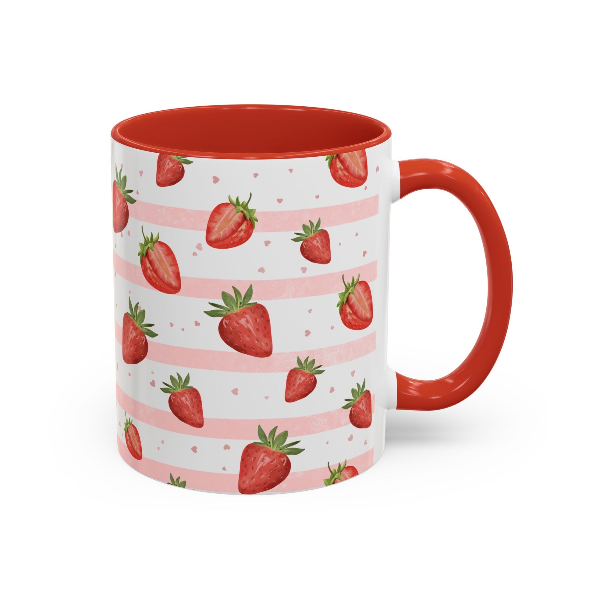 Sweet Strawberry Cottage Mug with strawberry pattern, soft pink stripes, tiny hearts, red handle, and matching interior.