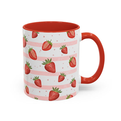 Sweet Strawberry Cottage Mug with strawberry pattern, soft pink stripes, tiny hearts, red handle, and matching interior.