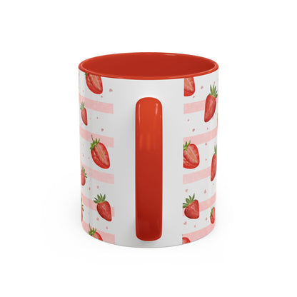 Sweet Strawberry Cottage Mug with strawberry pattern, soft pink stripes, tiny hearts, red handle, and matching interior.
