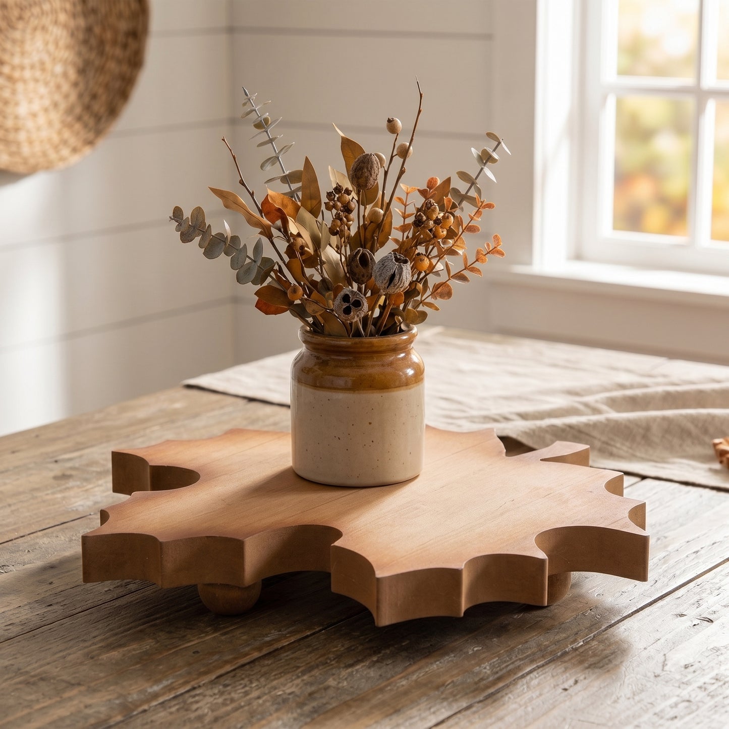 Natural wood maple leaf riser with dark edges, a warm fall decor accent for shelves, tables, and mantels