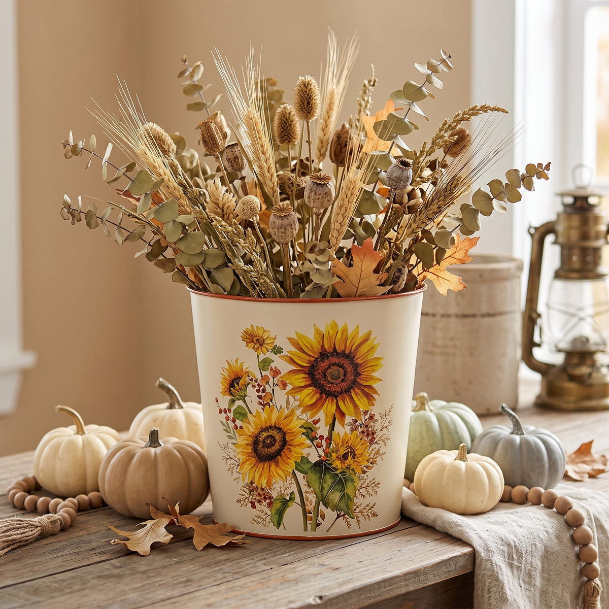 Cream metal bucket with orange rims, sunflower and berry design, and galvanized interior for fall decor