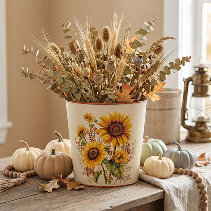 Cream metal bucket with orange rims, sunflower and berry design, and galvanized interior for fall decor