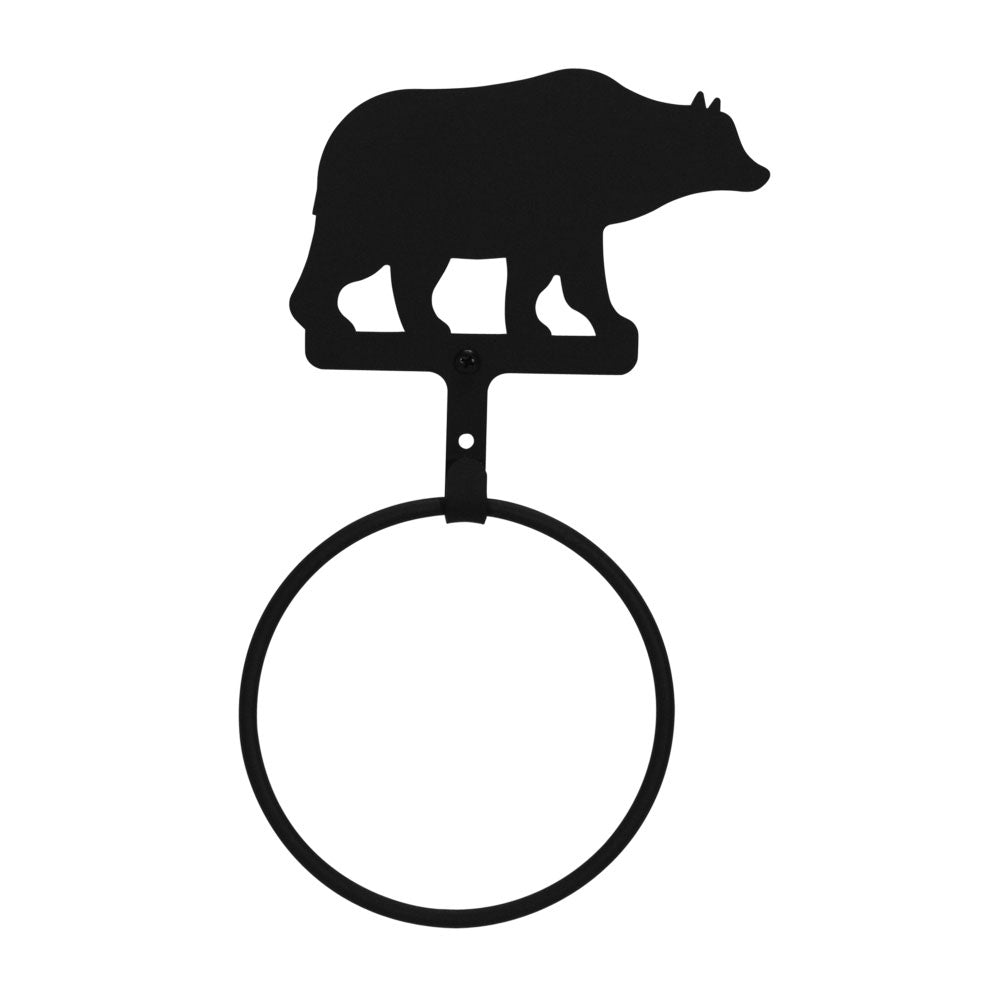 Wrought iron towel ring with a matte black finish, featuring a creative bear silhouette, adding rustic charm to any room.