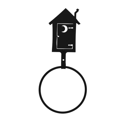Charming outhouse-shaped towel ring in matte black wrought iron, adding rustic farmhouse elegance to bathroom or kitchen decor.