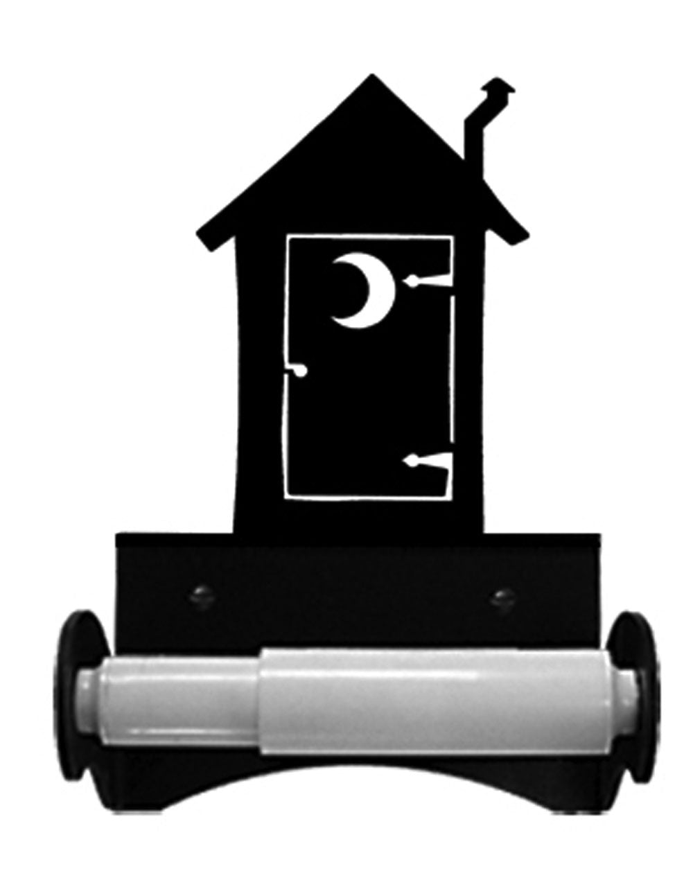 Decorative wrought iron toilet tissue holder with classic scrollwork and matte black finish, mounted on a bathroom wall.