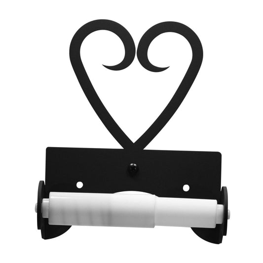 Black wrought iron toilet tissue holder with classic scrollwork, matte black finish, and roller-style design for rustic décor.