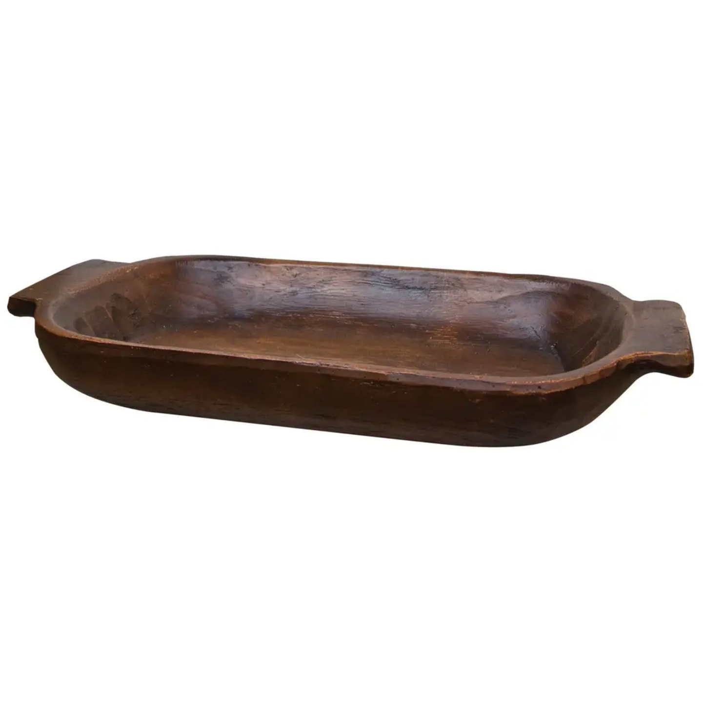 Dark wood farmhouse dough bowl with hand-carved look, rectangular shape, and decorative side handles