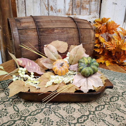 Dark wood farmhouse dough bowl with hand-carved look, rectangular shape, and decorative side handles