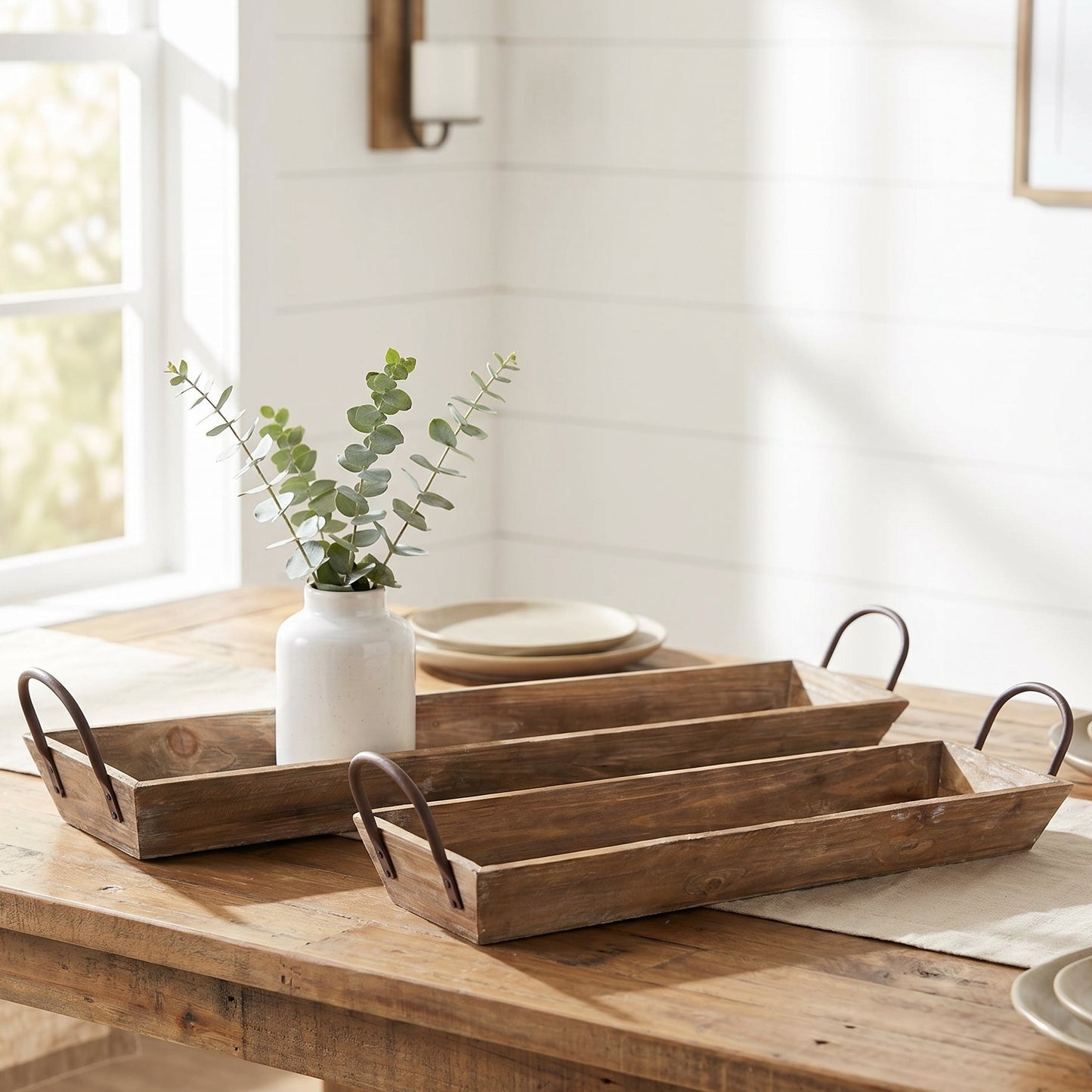 Set of two wooden trays with metal handles, natural wood finish, rustic serving trays for decor and snacks