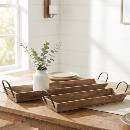 Set of two wooden trays with metal handles, natural wood finish, rustic serving trays for decor and snacks
