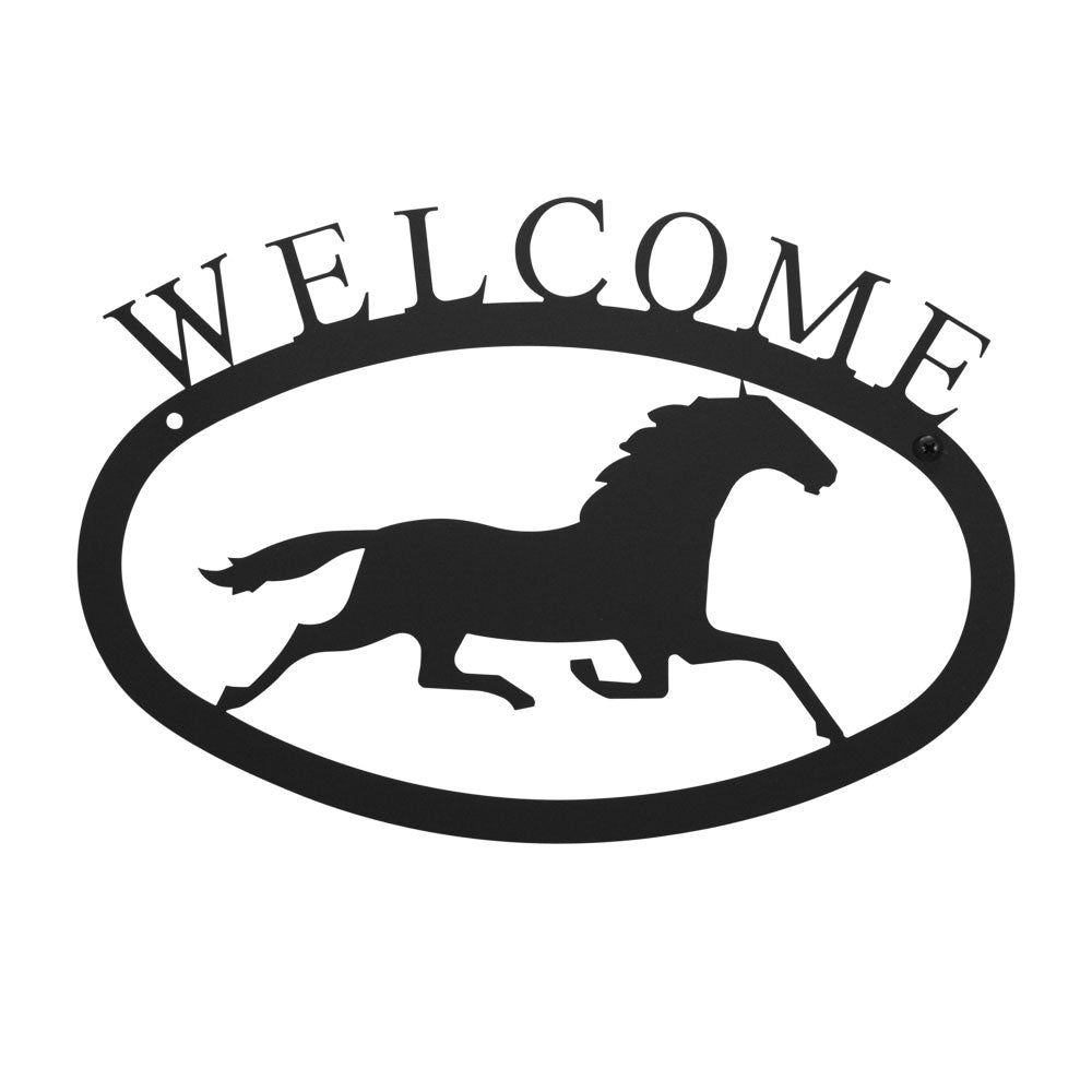 Running Horse Welcome Sign with a rustic design, featuring a galloping horse silhouette on a wooden background, perfect for farmhouse decor.