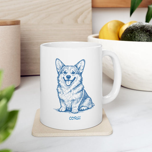 White ceramic mug with hand-drawn blue corgi sketch and comfortable handle