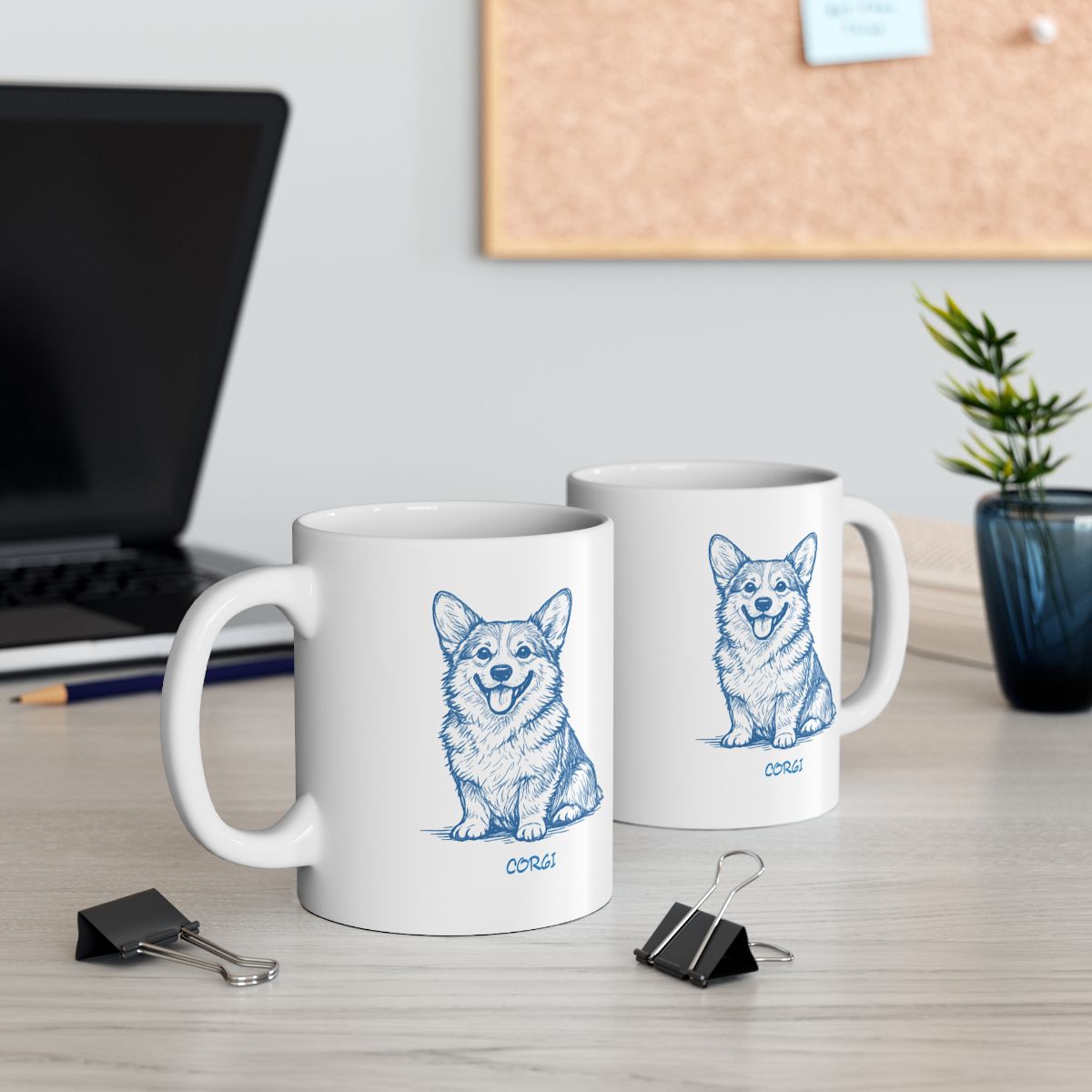 White ceramic mug with hand-drawn blue corgi sketch and comfortable handle