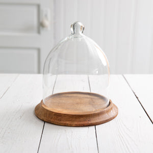 Small Glass Bell Shaped Cloche with Wood Base - Countryside Home Decor