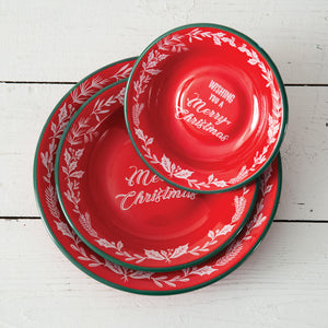 Set of Three Wishing You A Merry Christmas Enameled Dishes - Countryside Home Decor