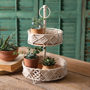 Two-Tier Wood and Macrame Tray - Countryside Home Decor