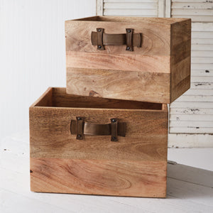 Set of Two Leather Handled Wood Boxes - Countryside Home Decor