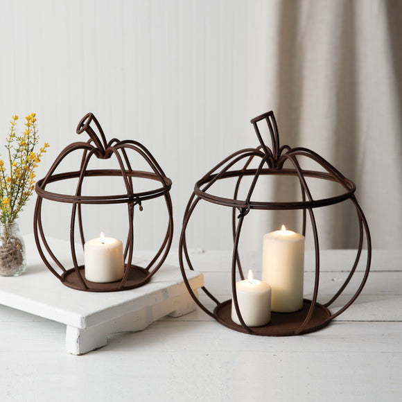 Set of Two Metal Pumpkin Candle Holders - Countryside Home Decor