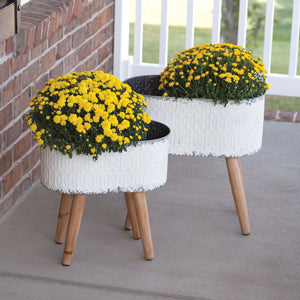 Set of Two Embossed Metal Planters with Wood Legs - Countryside Home Decor