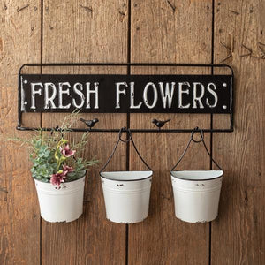 Fresh Flowers Metal Sign with Metal Buckets - Countryside Home Decor