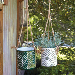 Set of Two Green and White Hanging Metal Planters - Countryside Home Decor